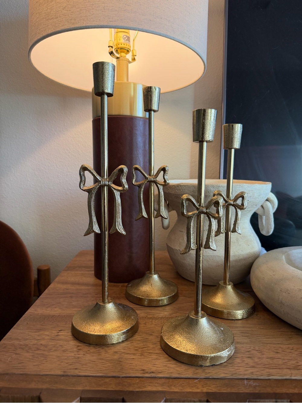 Elegant Gold Bow Taper Candle Holders – Set of 2 (1 Tall & 1 Short)